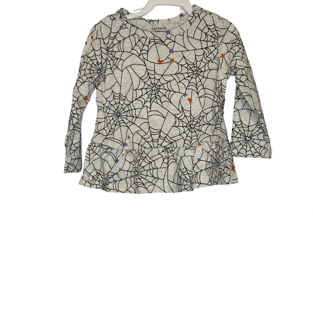Carters Kids 12m Halloween Spiderweb Peplum Long Sleeve Shirt Gray Orange Purple